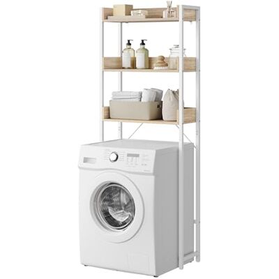 EUGAD Étagère sur machine à laver à 3 étagères, meuble de salle de bain peu encombrant, porte-détergents, meuble sur WC avec bords surélevés, blanc et bois clair, 63 x 166,5 x 25 cm EUGAD Étagère sur machine à laver à 3 étagères, meuble de salle de bain peu encombrant, porte-détergents, meuble sur WC avec bords surélevés, blanc et bois clair, 63 x 166,5 x 25 cm