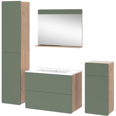 Vicco Meubles bain "Izan", Chêne doré/Vert 80 cm 5 pièces · Meuble sous-vasque · Miroir · Armoire haute · Armoire mi-haute · Lavabo Vicco Meubles bain "Izan", Chêne doré/Vert 80 cm 5 pièces · Meuble sous-vasque · Miroir · Armoire haute · Armoire mi-haute · Lavabo