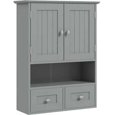kleankin Armoire murale de salle de bain, 50,8l x 17,8P x 66H cm, Gris Armoire de Toilette, Portes Doubles, Étagère Ouverte, 2 Tiroirs pour Ranger kleankin Armoire murale de salle de bain, 50,8l x 17,8P x 66H cm, Gris Armoire de Toilette, Portes Doubles, Étagère Ouverte, 2 Tiroirs pour Ranger