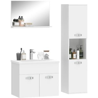 kleankin Ensemble de Meubles de Salle de Bain, Montage Mural, Blanc 4 Pièces, Avec Miroir, Meuble Sous Vasque, Lavabo en Céramique, Armoire Colonne Haute, Étagères Réglables, Style Moderne kleankin Ensemble de Meubles de Salle de Bain, Montage Mural, Blanc 4 Pièces, Avec Miroir, Meuble Sous Vasque, Lavabo en Céramique, Armoire Colonne Haute, Étagères Réglables, Style Moderne