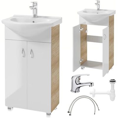 Deftrans Domodomo Armoire de Salle de Bain avec lavabo 80 x 50 x 26 cm Blanc Meuble de lavabo en céramique Meuble sur Pied pour Petite Salle de Bain Blanc + chêne Robinet de lavabo - Deftrans Domodomo Armoire de Salle de Bain avec lavabo 80 x 50 x 26 cm Blanc Meuble de lavabo en céramique Meuble sur Pied pour Petite Salle de Bain Blanc + chêne Robinet de lavabo -