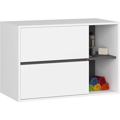 AKORD Meuble de salle de bain suspendu avec lavabo Meuble lavabo de salle de bain 90 cm, 2 tiroirs moderne, polyvalent pour montage mural Compartiments ouverts 90 x 60 x 45,5 cm Blanc et AKORD Meuble de salle de bain suspendu avec lavabo Meuble lavabo de salle de bain 90 cm, 2 tiroirs moderne, polyvalent pour montage mural Compartiments ouverts 90 x 60 x 45,5 cm Blanc et