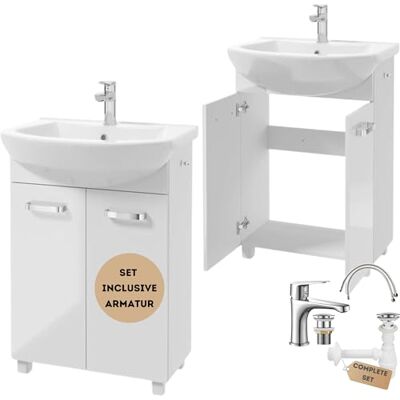 Deftrans . Meuble de Salle de Bain avec lavabo et robinetterie 85 x 60 x 40 cm Blanc Brillant Meuble de Salle de Bain avec lavabo et Robinet avec Prise à clic Deftrans . Meuble de Salle de Bain avec lavabo et robinetterie 85 x 60 x 40 cm Blanc Brillant Meuble de Salle de Bain avec lavabo et Robinet avec Prise à clic