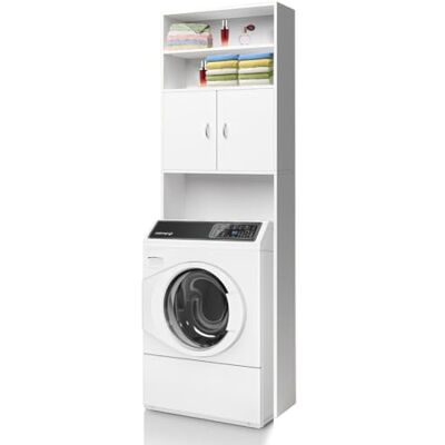 BAKAJI Meuble pour lave-linge de salle de bain, buanderie, meuble armoire à colonne, 3 étagères et 2 portes, armoire en bois blanc pour couloir, design minimal, grand étagère, 63 x 20 x 185 cm BAKAJI Meuble pour lave-linge de salle de bain, buanderie, meuble armoire à colonne, 3 étagères et 2 portes, armoire en bois blanc pour couloir, design minimal, grand étagère, 63 x 20 x 185 cm