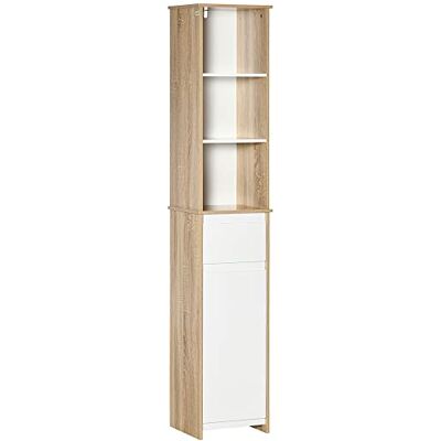 kleankin Meuble Colonne Rangement Salle de Bain Style Cosy 3 niches tiroir Placard avec étagère Blanc Aspect chêne Clair kleankin Meuble Colonne Rangement Salle de Bain Style Cosy 3 niches tiroir Placard avec étagère Blanc Aspect chêne Clair