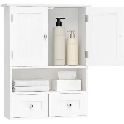kleankin Armoire murale de salle de bain, 50,8l x 17,8P x 66H cm, Blanc Armoire de Toilette, Portes Doubles, Étagère Ouverte, 2 Tiroirs pour Ranger kleankin Armoire murale de salle de bain, 50,8l x 17,8P x 66H cm, Blanc Armoire de Toilette, Portes Doubles, Étagère Ouverte, 2 Tiroirs pour Ranger