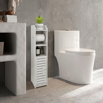 LANTUS Meuble de Salle de Bain Support Papier Toilette avec Placard et étagères réglables-15 * 17 * 76cm -Blanc LANTUS Meuble de Salle de Bain Support Papier Toilette avec Placard et étagères réglables-15 * 17 * 76cm -Blanc