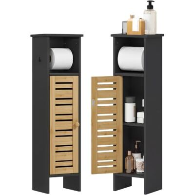 HOMCOM Meuble de salle de bain 21l x 17P x 78H cm, Bambou et Bois Noir Support Papier Toilette, Rangement 3 Niveaux, Barre Amovible, Sortie Papier HOMCOM Meuble de salle de bain 21l x 17P x 78H cm, Bambou et Bois Noir Support Papier Toilette, Rangement 3 Niveaux, Barre Amovible, Sortie Papier