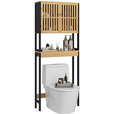 HOMCOM kleankin Étagère de Toilettes en Bambou 60x21,5x172cm Bois Naturel et Noi Meuble de Salle de Bain Dessus Toilette WC, Placard 2 Portes, Étagère Ouverte HOMCOM kleankin Étagère de Toilettes en Bambou 60x21,5x172cm Bois Naturel et Noi Meuble de Salle de Bain Dessus Toilette WC, Placard 2 Portes, Étagère Ouverte