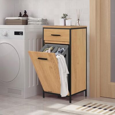 EUGAD Meuble de salle de bain avec tiroir et sac pour la linge, structure en métal et MDF, chêne clair + noir, 38 x 34 x 80 cm EUGAD Meuble de salle de bain avec tiroir et sac pour la linge, structure en métal et MDF, chêne clair + noir, 38 x 34 x 80 cm