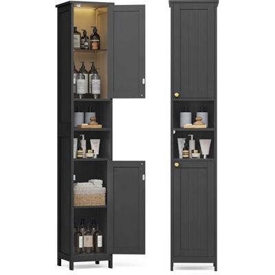 VASAGLE Armoire de salle de bain haute avec éclairage, armoire de rangement fine, avec étagères réglables, compartiments ouverts, pour petits espaces, moderne, noir encre BBK566BC01 VASAGLE Armoire de salle de bain haute avec éclairage, armoire de rangement fine, avec étagères réglables, compartiments ouverts, pour petits espaces, moderne, noir encre BBK566BC01