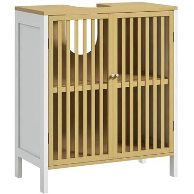 HOMCOM Meuble sous vasque meuble de salle de bain 2 portes avec étagère réglable armoire de rangement pour lavabo 60 x 30 x 70 cm en bambou blanc et naturel HOMCOM Meuble sous vasque meuble de salle de bain 2 portes avec étagère réglable armoire de rangement pour lavabo 60 x 30 x 70 cm en bambou blanc et naturel