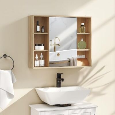 HOMCOM Armoire Murale Salle de Bain avec Miroir 60x14,5x49,4cm Naturel Miroir Salle de Bain Avec Rangement, Placard à Portes et 6 Compartiments Ouverts HOMCOM Armoire Murale Salle de Bain avec Miroir 60x14,5x49,4cm Naturel Miroir Salle de Bain Avec Rangement, Placard à Portes et 6 Compartiments Ouverts