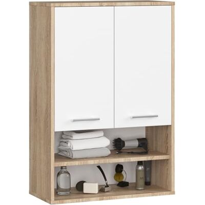 AKORD Armoire suspendue de salle de bain FIN 64 cm 2 portes, 2 étagères, 2 compartiments ouverts l 64 x H 94 x P 30 cm Avec étagères Poids : 8,10 kg Chêne Sonoma et blanc AKORD Armoire suspendue de salle de bain FIN 64 cm 2 portes, 2 étagères, 2 compartiments ouverts l 64 x H 94 x P 30 cm Avec étagères Poids : 8,10 kg Chêne Sonoma et blanc