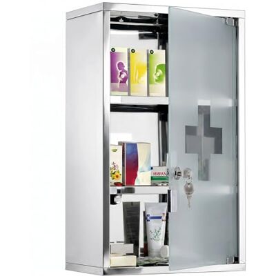 HOMCOM Armoire à pharmacie murale à 3 niveaux en acier inoxydable avec porte verrouillable en verre avec 2 étagères de rangement clés argentées HOMCOM Armoire à pharmacie murale à 3 niveaux en acier inoxydable avec porte verrouillable en verre avec 2 étagères de rangement clés argentées