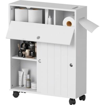 kleankin Meuble de Rangement Portes Coulissantes WC 52x17x67 cm Blanc Salle de Bain, pour Papier Toilette, Plusieurs Compartiments, sur Roulettes, Meuble de Toilette kleankin Meuble de Rangement Portes Coulissantes WC 52x17x67 cm Blanc Salle de Bain, pour Papier Toilette, Plusieurs Compartiments, sur Roulettes, Meuble de Toilette