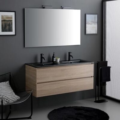 Kiamami Valentina Meuble de salle de bains suspendu 120cm chêne avec double vasque noir et miroir LED Berlin Kiamami Valentina Meuble de salle de bains suspendu 120cm chêne avec double vasque noir et miroir LED Berlin