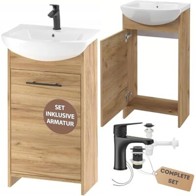 Deftrans . Lavabo avec meuble sous-vasque 46,5 x 24,5 x 84 cm Meuble bas en chêne Avec meuble bas et robinet de lavabo 45 cm Deftrans . Lavabo avec meuble sous-vasque 46,5 x 24,5 x 84 cm Meuble bas en chêne Avec meuble bas et robinet de lavabo 45 cm
