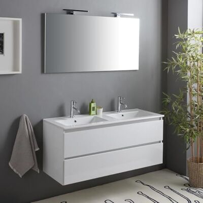 Kiamami Valentina Meuble de salle de bain 120cm blanc brillant, tiroirs et double vasque, miroir et 2 lampes Benaco Kiamami Valentina Meuble de salle de bain 120cm blanc brillant, tiroirs et double vasque, miroir et 2 lampes Benaco