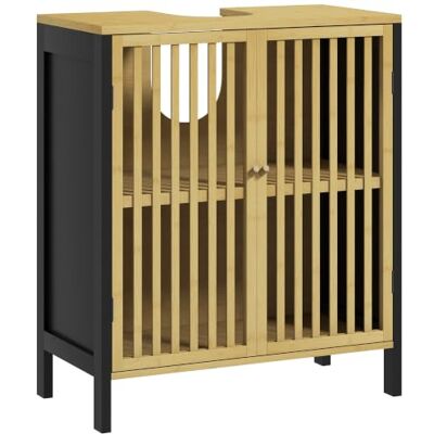 HOMCOM Meuble sous Vasque 2 Portes Bambou 60 x 30 x 70 cm Noir et Naturel Meuble de Salle de Bain, Étagère Réglable, Armoire de Rangement pour Lavabo HOMCOM Meuble sous Vasque 2 Portes Bambou 60 x 30 x 70 cm Noir et Naturel Meuble de Salle de Bain, Étagère Réglable, Armoire de Rangement pour Lavabo