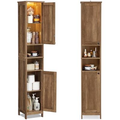VASAGLE Armoire de salle de bain haute avec éclairage, armoire de rangement fine, avec étagères réglables, largeur 30 cm, compartiments ouverts, pour petits espaces, moderne, marron miel BBC566KB01 VASAGLE Armoire de salle de bain haute avec éclairage, armoire de rangement fine, avec étagères réglables, largeur 30 cm, compartiments ouverts, pour petits espaces, moderne, marron miel BBC566KB01