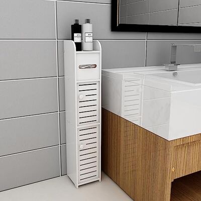 LANTUS Meuble de Salle de Bain Support Papier Toilette avec Placard et étagères réglables-17 * 15 * 78cm-Blanc LANTUS Meuble de Salle de Bain Support Papier Toilette avec Placard et étagères réglables-17 * 15 * 78cm-Blanc