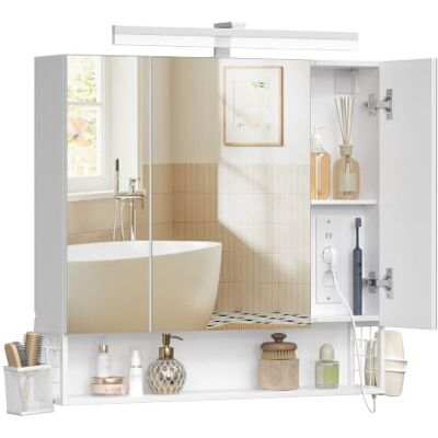 VASAGLE Meuble de Salle de Bain avec éclairage LED, 16,5 x 80 x 75 cm, Multiprise, Panier Suspendu, Support pour Sèche-Cheveux, pour Lavabo, Blanc Nuage BBK146WB01 VASAGLE Meuble de Salle de Bain avec éclairage LED, 16,5 x 80 x 75 cm, Multiprise, Panier Suspendu, Support pour Sèche-Cheveux, pour Lavabo, Blanc Nuage BBK146WB01