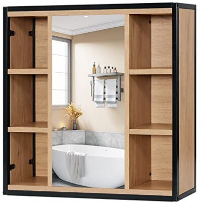 EUGAD Armoire de salle de bain avec miroir, armoire suspendue avec miroir de salle de bain, étagère réglable, en métal dérivé du bois, 60 x 58 x 16 cm EUGAD Armoire de salle de bain avec miroir, armoire suspendue avec miroir de salle de bain, étagère réglable, en métal dérivé du bois, 60 x 58 x 16 cm