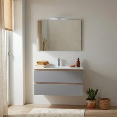 Kiamami Valentina Meuble salle de bain suspendu 90 cm avec 2 tiroirs chêne well, façades gris anthracite, vasque en céramique, miroir 90x60 cm et lampe LED chromée Budapest Kiamami Valentina Meuble salle de bain suspendu 90 cm avec 2 tiroirs chêne well, façades gris anthracite, vasque en céramique, miroir 90x60 cm et lampe LED chromée Budapest