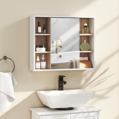 HOMCOM Armoire Murale Salle de Bain avec Miroir 60x14,5x49,4cm Blanc Miroir Salle de Bain Avec Rangement, Placard à Portes et 6 Compartiments Ouverts HOMCOM Armoire Murale Salle de Bain avec Miroir 60x14,5x49,4cm Blanc Miroir Salle de Bain Avec Rangement, Placard à Portes et 6 Compartiments Ouverts