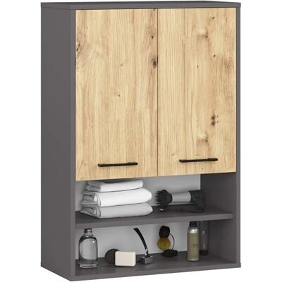 AKORD Armoire suspendue de salle de bain FIN 64 cm 2 portes, 2 étagères, 2 compartiments ouverts l 64 x H 94 x P 30 cm Avec étagères Poids : 8,10 kg Gris graphite et chêne Artisan AKORD Armoire suspendue de salle de bain FIN 64 cm 2 portes, 2 étagères, 2 compartiments ouverts l 64 x H 94 x P 30 cm Avec étagères Poids : 8,10 kg Gris graphite et chêne Artisan