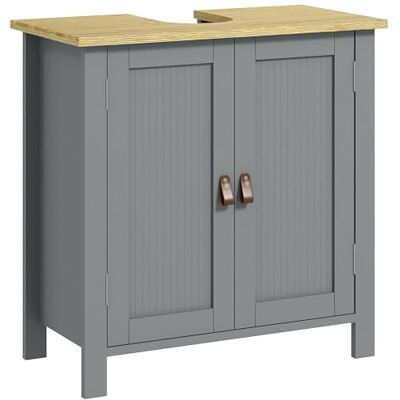 kleankin Meuble sous lavabo, Meuble de Salle de Bain sous lavabo, 2 Portes, étagère réglable, 2 étages à l'intérieure, poignées en PU, 60 x 30 x 60 cm, Gris kleankin Meuble sous lavabo, Meuble de Salle de Bain sous lavabo, 2 Portes, étagère réglable, 2 étages à l'intérieure, poignées en PU, 60 x 30 x 60 cm, Gris