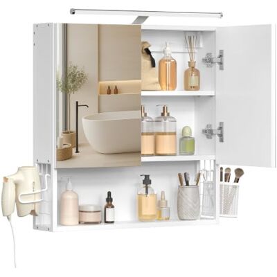 VASAGLE Armoire Murale avec Miroir, Meuble de Salle de Bain avec Lampe LED, avec Câble, Placard 2 Portes, Étagère Réglable, Porte Sèche-Cheveux, Pot, Moderne Chic, Blanc BBK224WB01 VASAGLE Armoire Murale avec Miroir, Meuble de Salle de Bain avec Lampe LED, avec Câble, Placard 2 Portes, Étagère Réglable, Porte Sèche-Cheveux, Pot, Moderne Chic, Blanc BBK224WB01