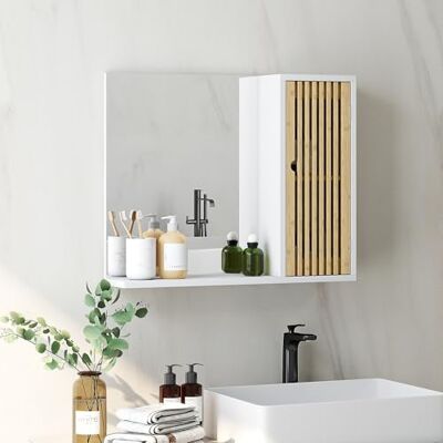 HOMCOM Armoire de Salle de Bain avec Miroir, Miroir de Salle de Bain avec étagère, Porte à Lattes en Bambou et étagère réglable, 60 x 14 x 50 cm, Blanc HOMCOM Armoire de Salle de Bain avec Miroir, Miroir de Salle de Bain avec étagère, Porte à Lattes en Bambou et étagère réglable, 60 x 14 x 50 cm, Blanc