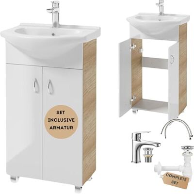 Deftrans . Domodomo Armoire de Salle de Bain avec lavabo 80 x 50 x 26 cm Blanc en céramique Meuble sur Pied pour Petite Salle de Bain Robinet de lavabo, Siphon, clic clac Deftrans . Domodomo Armoire de Salle de Bain avec lavabo 80 x 50 x 26 cm Blanc en céramique Meuble sur Pied pour Petite Salle de Bain Robinet de lavabo, Siphon, clic clac