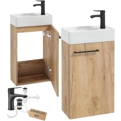 Deftrans Domodomo Armoire de Salle de Bain avec Lavabo 40 x 60 x 21,3 cm Ensemble en Céramique Armoire Murale pour Petite Salle de Bain (Chêne + Robinet, Noir) Deftrans Domodomo Armoire de Salle de Bain avec Lavabo 40 x 60 x 21,3 cm Ensemble en Céramique Armoire Murale pour Petite Salle de Bain (Chêne + Robinet, Noir)