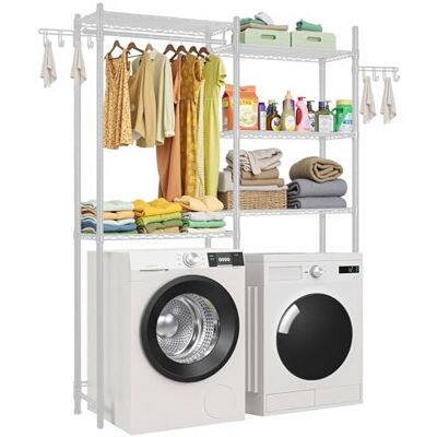 VEVOR Étagère de rangement pour lave-linge et sèche-linge à 5 niveaux, étendoir à linge avec tringle et crochets, étagères réglables à deux rangées, gain de place, pour buanderie, salle de bain, blanc VEVOR Étagère de rangement pour lave-linge et sèche-linge à 5 niveaux, étendoir à linge avec tringle et crochets, étagères réglables à deux rangées, gain de place, pour buanderie, salle de bain, blanc