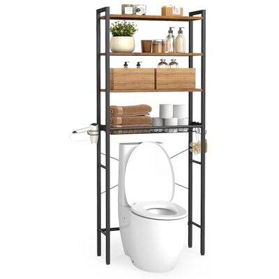 VASAGLE Étagère de toilettes, Meuble dessus toilettes avec étagères réglables et panier grillagé, 3 crochets, gain de place, 24 x 60 x 173 cm, marron rustique BTS114KD01 VASAGLE Étagère de toilettes, Meuble dessus toilettes avec étagères réglables et panier grillagé, 3 crochets, gain de place, 24 x 60 x 173 cm, marron rustique BTS114KD01