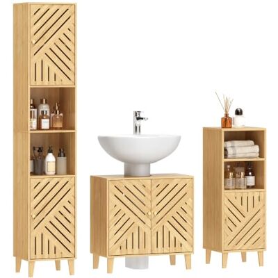HOMCOM Ensemble de Salle de Bain Colonne Portes à Lattes Pieds en Bambou Meuble Sous Lavabo + Meuble d'Appoint, Étagères Réglables, Effet Bois Naturel HOMCOM Ensemble de Salle de Bain Colonne Portes à Lattes Pieds en Bambou Meuble Sous Lavabo + Meuble d'Appoint, Étagères Réglables, Effet Bois Naturel