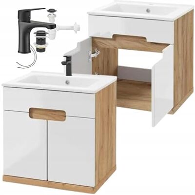 Deftrans . Lavabo avec meuble bas de 60 cm – Meuble de salle de bain à suspendre – Petit meuble sous-vasque avec armoire, robinetterie, écoulement clic-clac et siphon – Chêne/blanc brillant Deftrans . Lavabo avec meuble bas de 60 cm – Meuble de salle de bain à suspendre – Petit meuble sous-vasque avec armoire, robinetterie, écoulement clic-clac et siphon – Chêne/blanc brillant