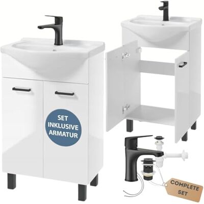 Deftrans . Domodomo Armoire de Salle de Bain avec lavabo 85 x 55 x 42 cm Blanc en céramique Meuble sur Pied pour Petite Salle de Bain avec Robinet de lavabo Noir Mat Deftrans . Domodomo Armoire de Salle de Bain avec lavabo 85 x 55 x 42 cm Blanc en céramique Meuble sur Pied pour Petite Salle de Bain avec Robinet de lavabo Noir Mat