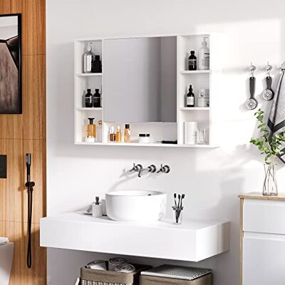 kleankin Armoire murale salle de bain avec miroir, 100 x 15 x 70 cm, meuble salle de bain, armoire de toilette avec 7 étagères ouvertes et placard, porte ouverture et fermeture lentes, blanc kleankin Armoire murale salle de bain avec miroir, 100 x 15 x 70 cm, meuble salle de bain, armoire de toilette avec 7 étagères ouvertes et placard, porte ouverture et fermeture lentes, blanc