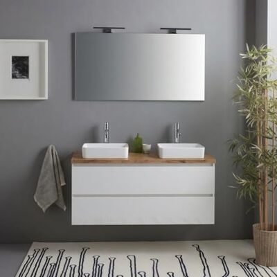 Kiamami Valentina Meuble Salle de Bain Suspendu 120 cm Blanc Brillant avec Plan Chêne, 2 Tiroirs, Miroir 120x60 avec 2 Lampes, Meuble Moderne Prémonté Kiamami Valentina Meuble Salle de Bain Suspendu 120 cm Blanc Brillant avec Plan Chêne, 2 Tiroirs, Miroir 120x60 avec 2 Lampes, Meuble Moderne Prémonté