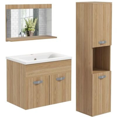 kleankin Ensemble de Meubles de Salle de Bain, Montage Mural, Bois Naturel 4 Pièces, Avec Miroir, Meuble Sous Vasque, Lavabo en Céramique, Armoire Colonne Haute, Étagères Réglables, Style Moderne kleankin Ensemble de Meubles de Salle de Bain, Montage Mural, Bois Naturel 4 Pièces, Avec Miroir, Meuble Sous Vasque, Lavabo en Céramique, Armoire Colonne Haute, Étagères Réglables, Style Moderne