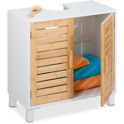 Relaxdays Meuble sous-lavabo avec 2 portes, H x l x P : 60 x 60 x 32 cm, bambou et MDF, meuble de salle de bain, blanc/naturel Relaxdays Meuble sous-lavabo avec 2 portes, H x l x P : 60 x 60 x 32 cm, bambou et MDF, meuble de salle de bain, blanc/naturel