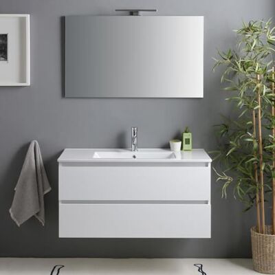 Kiamami Valentina Meuble de salle de bain avec tiroirs 100cm lavabo et miroir blanc brillant Benaco Kiamami Valentina Meuble de salle de bain avec tiroirs 100cm lavabo et miroir blanc brillant Benaco