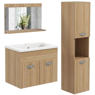 kleankin Ensemble de Meubles de Salle de Bain 3 pcs Armoire Miroir + Suspendu sous Lavabo + Meuble Colonne Étagères Réglables Naturel kleankin Ensemble de Meubles de Salle de Bain 3 pcs Armoire Miroir + Suspendu sous Lavabo + Meuble Colonne Étagères Réglables Naturel