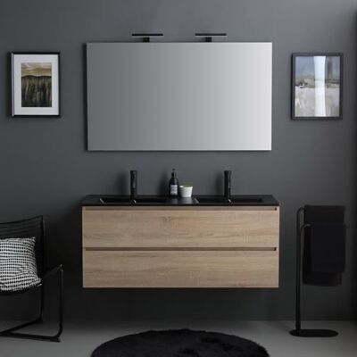 Kiamami Valentina Meuble de salle de bains suspendu 120cm chêne avec double vasque noir et miroir LED Berlin Kiamami Valentina Meuble de salle de bains suspendu 120cm chêne avec double vasque noir et miroir LED Berlin