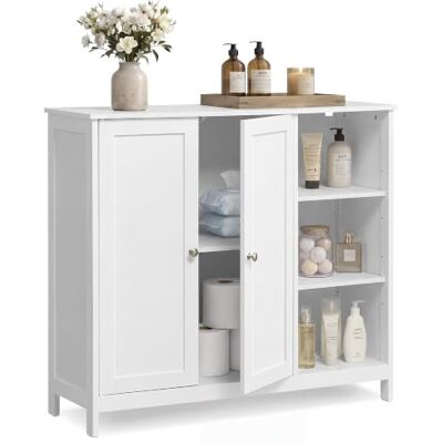 VASAGLE Siren BBK070WB01 Armoire de salle de bain en MDF, avec 2 portes et compartiments ouverts, 90 x 30 x 80 cm, 1 pièce, pour salle de bain, blanc mat VASAGLE Siren BBK070WB01 Armoire de salle de bain en MDF, avec 2 portes et compartiments ouverts, 90 x 30 x 80 cm, 1 pièce, pour salle de bain, blanc mat