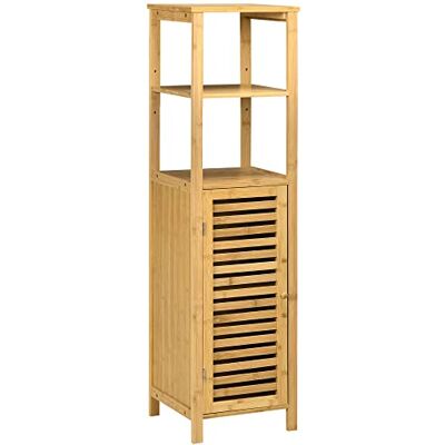 kleankin Meuble Colonne Salle de Bain en Bambou, Armoire de Salle de Bain Haute avec 2 étagères Ouvertes et Placard, Meuble de Rangement pour Salon, WC, 32,9 x 29,9 x 120 cm, Bois Naturel kleankin Meuble Colonne Salle de Bain en Bambou, Armoire de Salle de Bain Haute avec 2 étagères Ouvertes et Placard, Meuble de Rangement pour Salon, WC, 32,9 x 29,9 x 120 cm, Bois Naturel